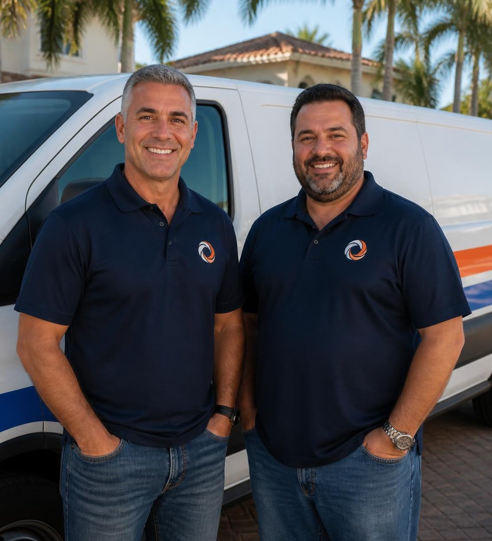 Marco and Luis Benedetti in front of a service truck