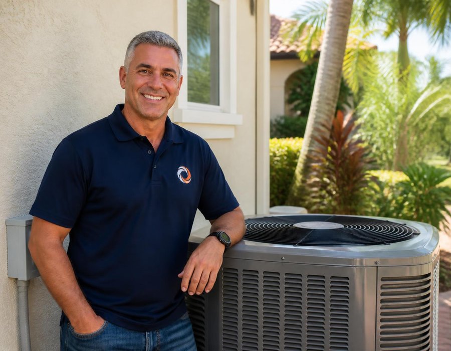 Breezeway technician smiling beside an outdoor AC unit