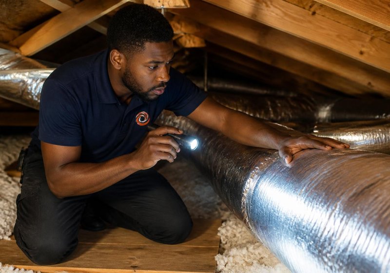 Technician inspecting ductwork in an attic