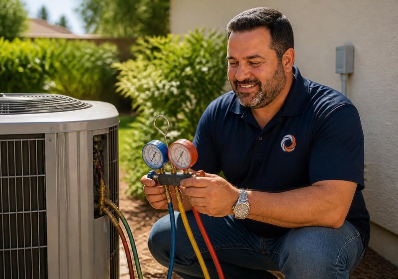 Technician checking an outdoor AC condenser