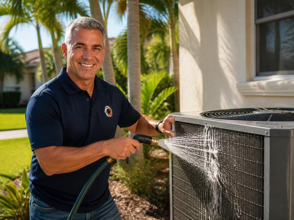 Technician cleaning an AC coil during a tune-up